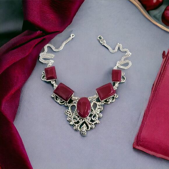 Red Crackle Quartz Statement Necklace - Bold Silver Boho Artisan Jewelry - Picture 1 of 10